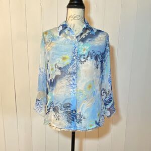 Nicola Sheer Floral Blue 3/4 Sleeves Top (Size Medium)